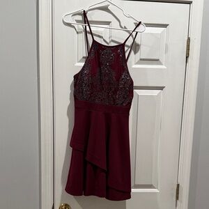 Speechless Burgundy Embellished Halter Mini Dress